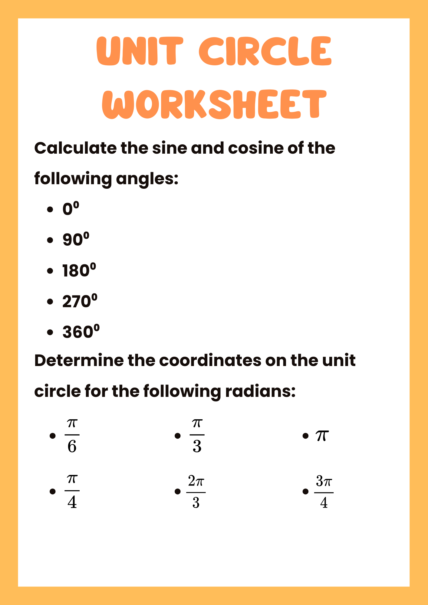 Practice Unit Circle Worksheet