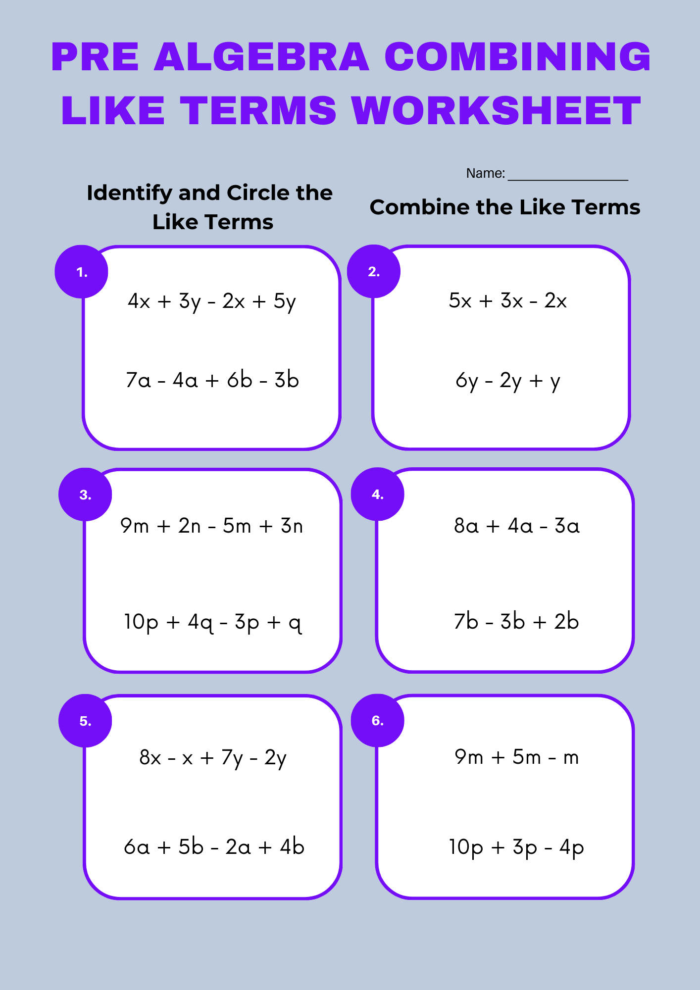 Pre Algebra Combining Like Terms Worksheet