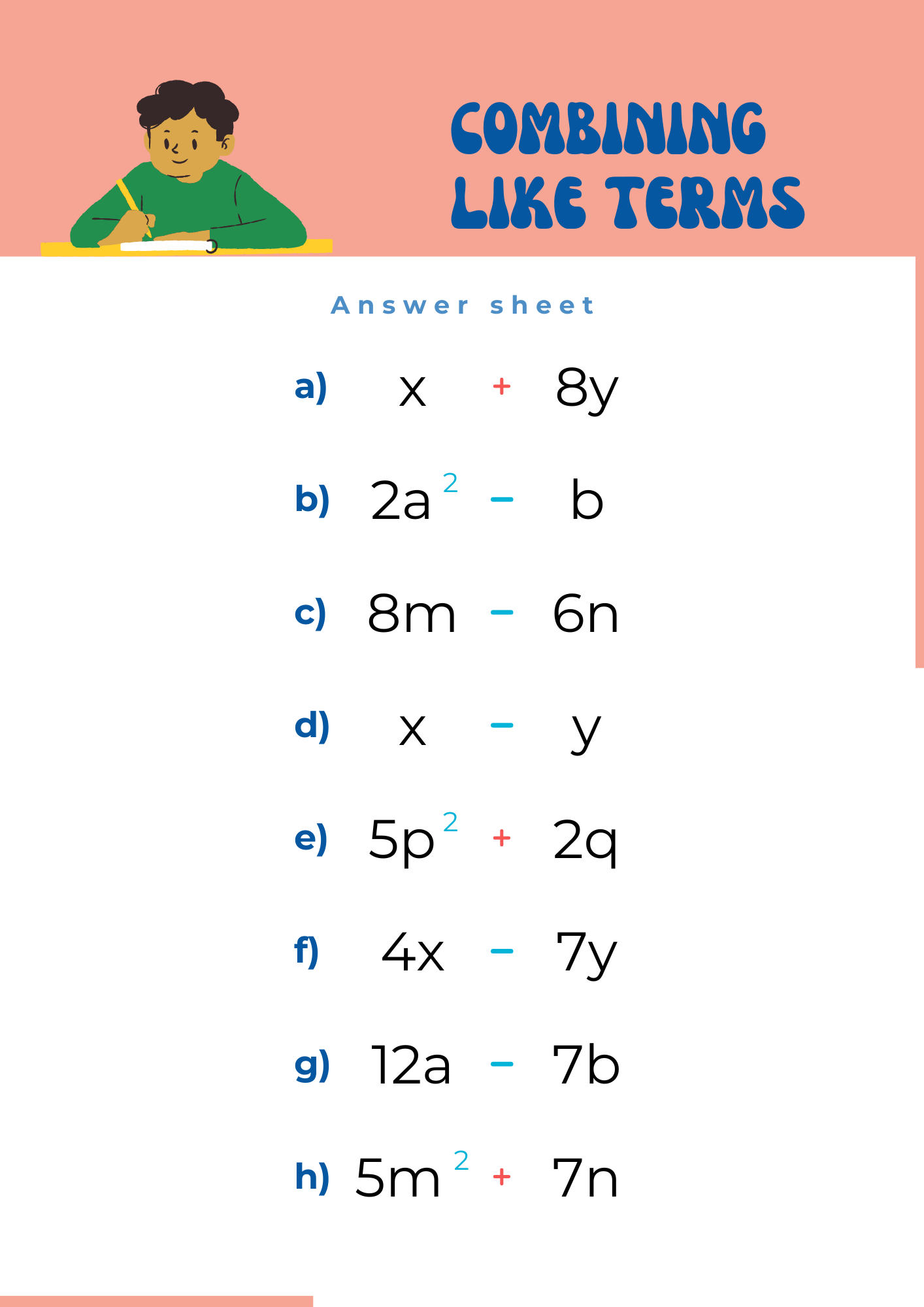 Primary Combining Like Terms Worksheet