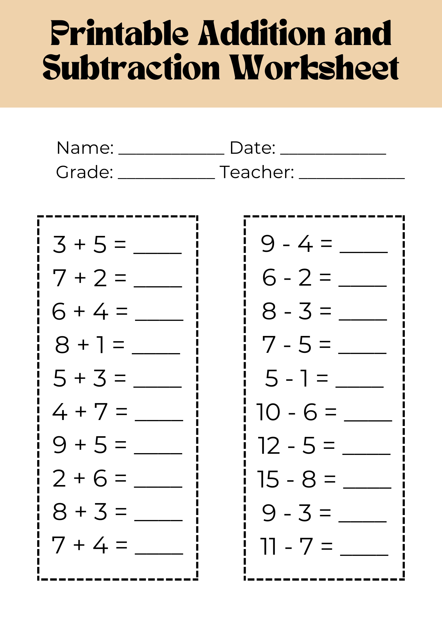 Printable Addition and Subtraction Worksheet