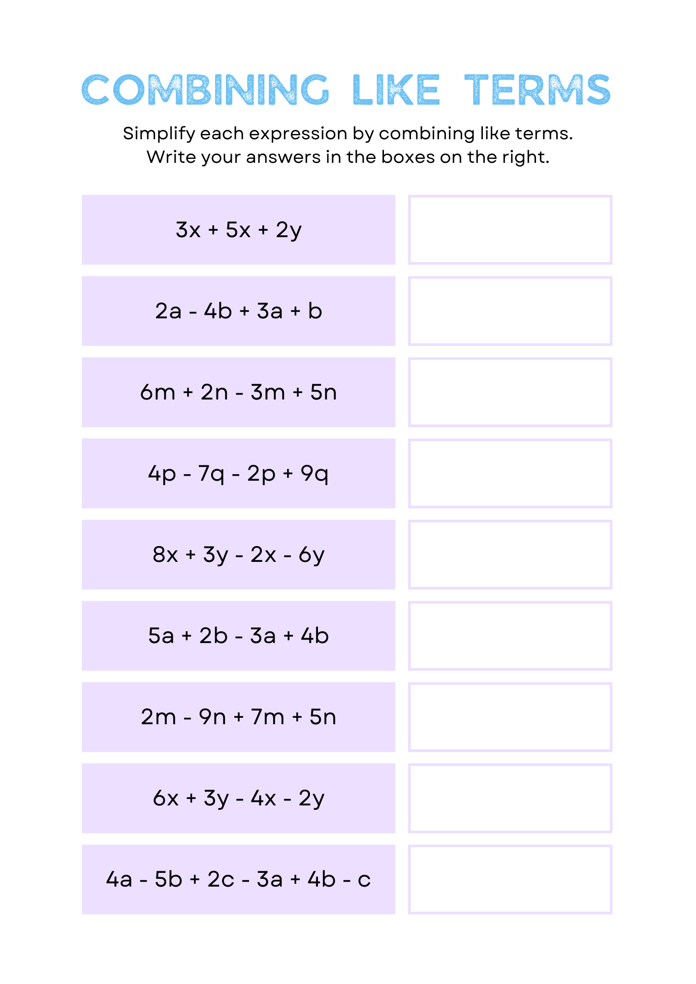 Printable Combining Like Terms Worksheet