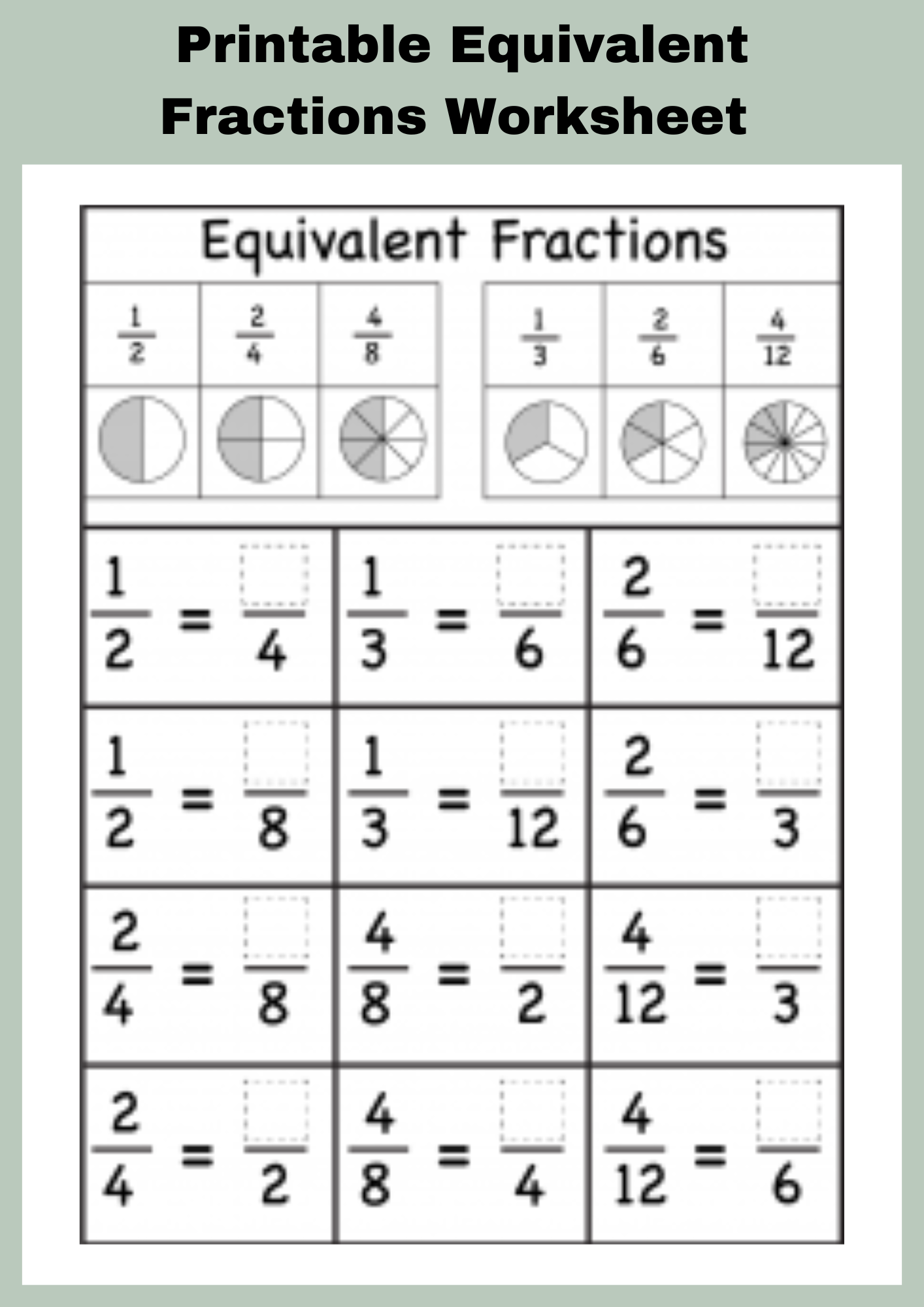 Printable Equivalent Fractions Worksheet