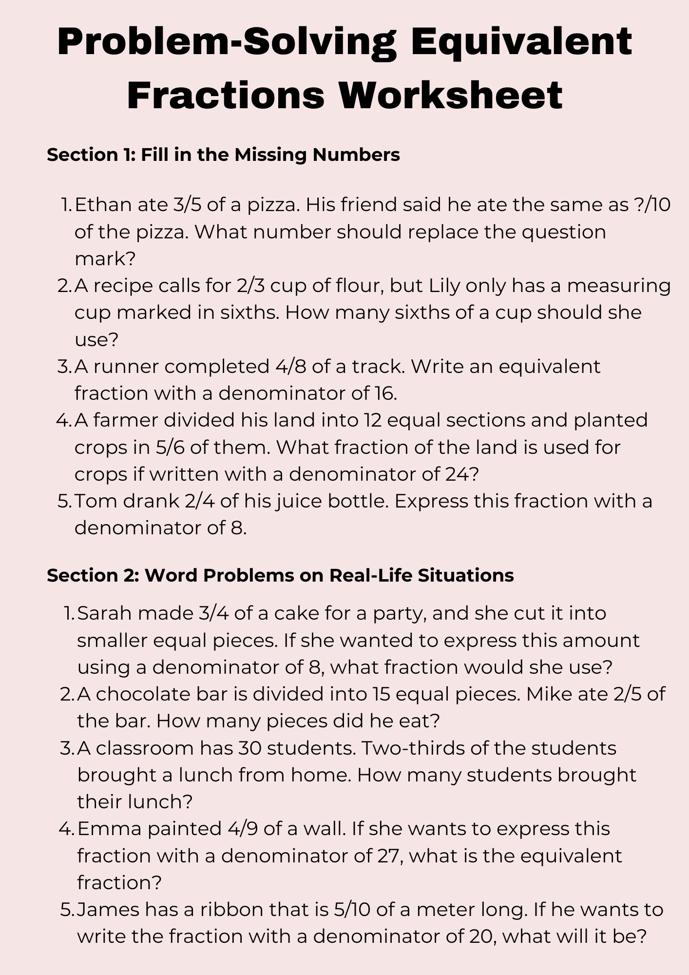 Problem Solving Equivalent Fractions Worksheet