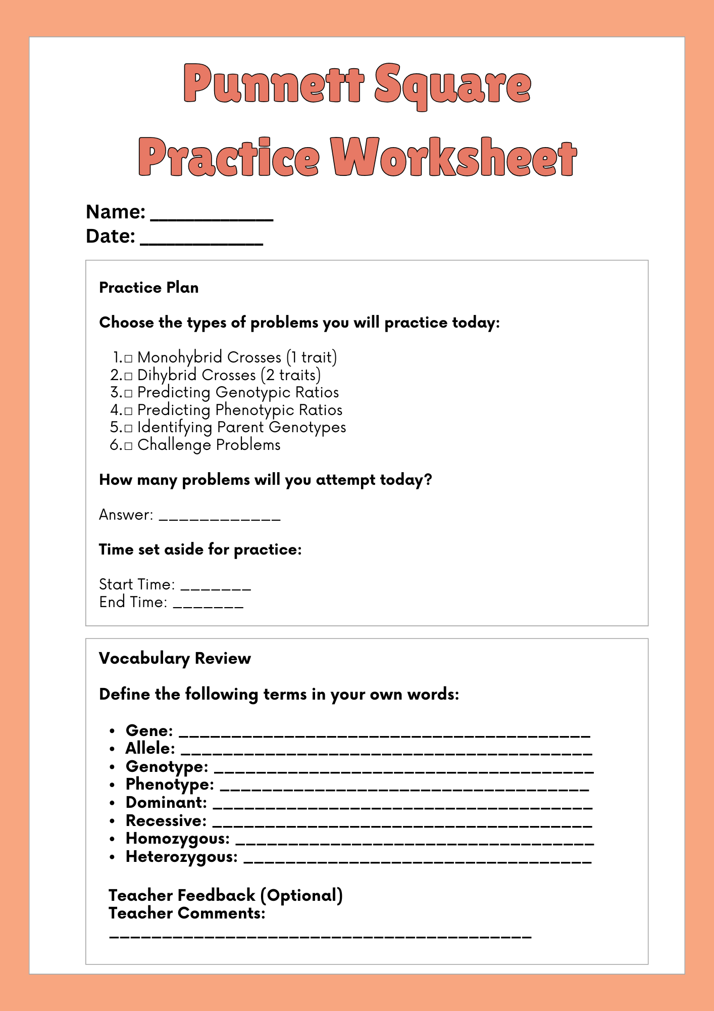 Punnett Square Practice Plan Worksheet