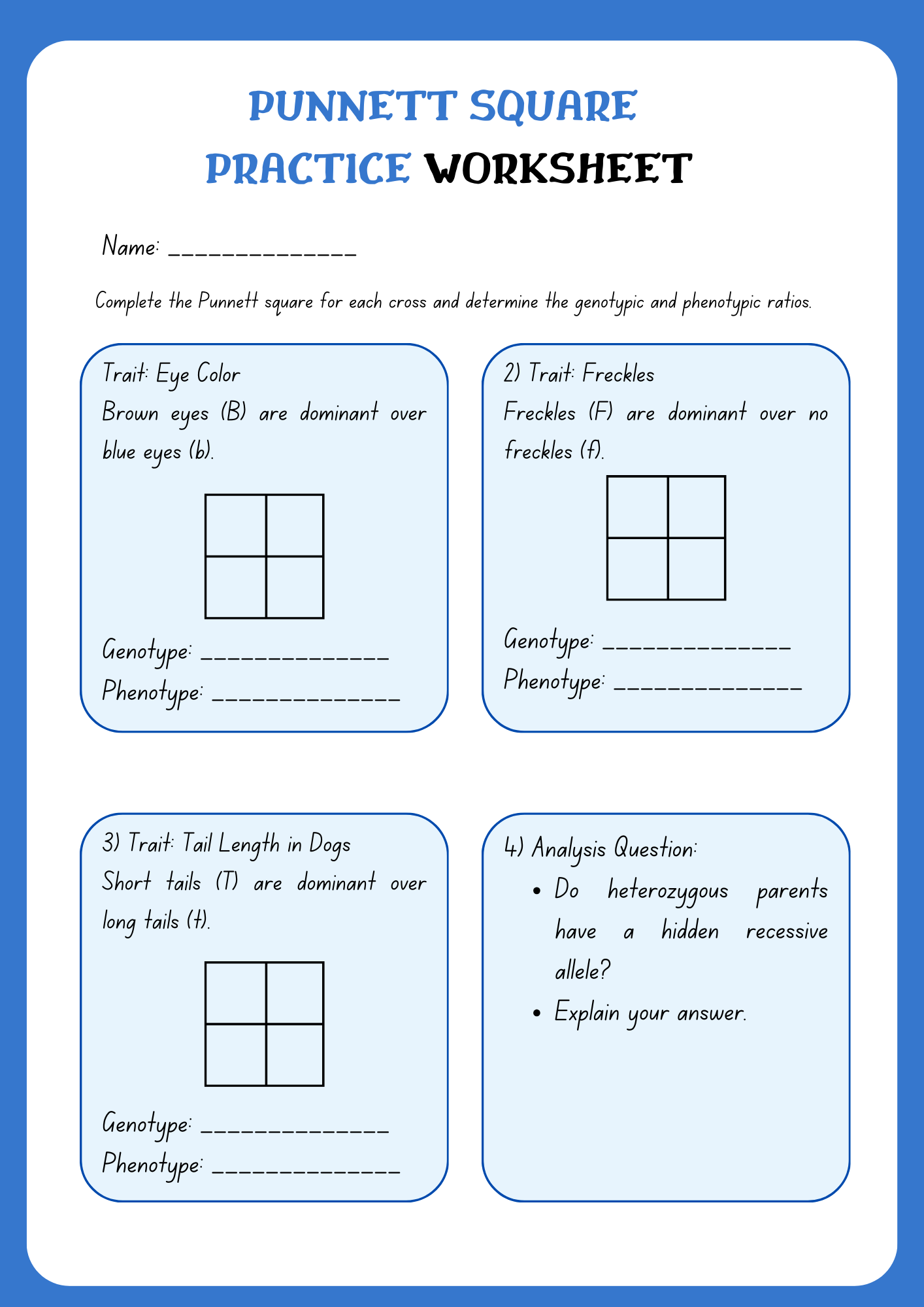 Punnett Square Practice Worksheet By laney lee