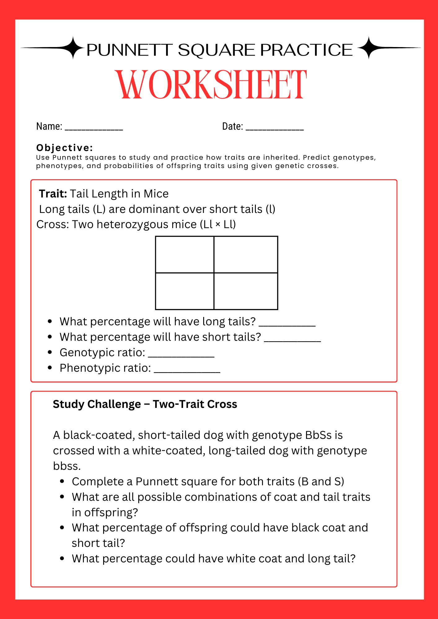 Punnett Square Study Practice Worksheet