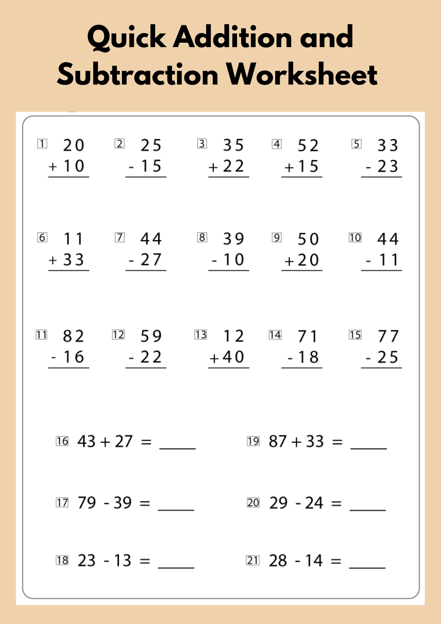 Quick Addition and Subtraction Worksheet