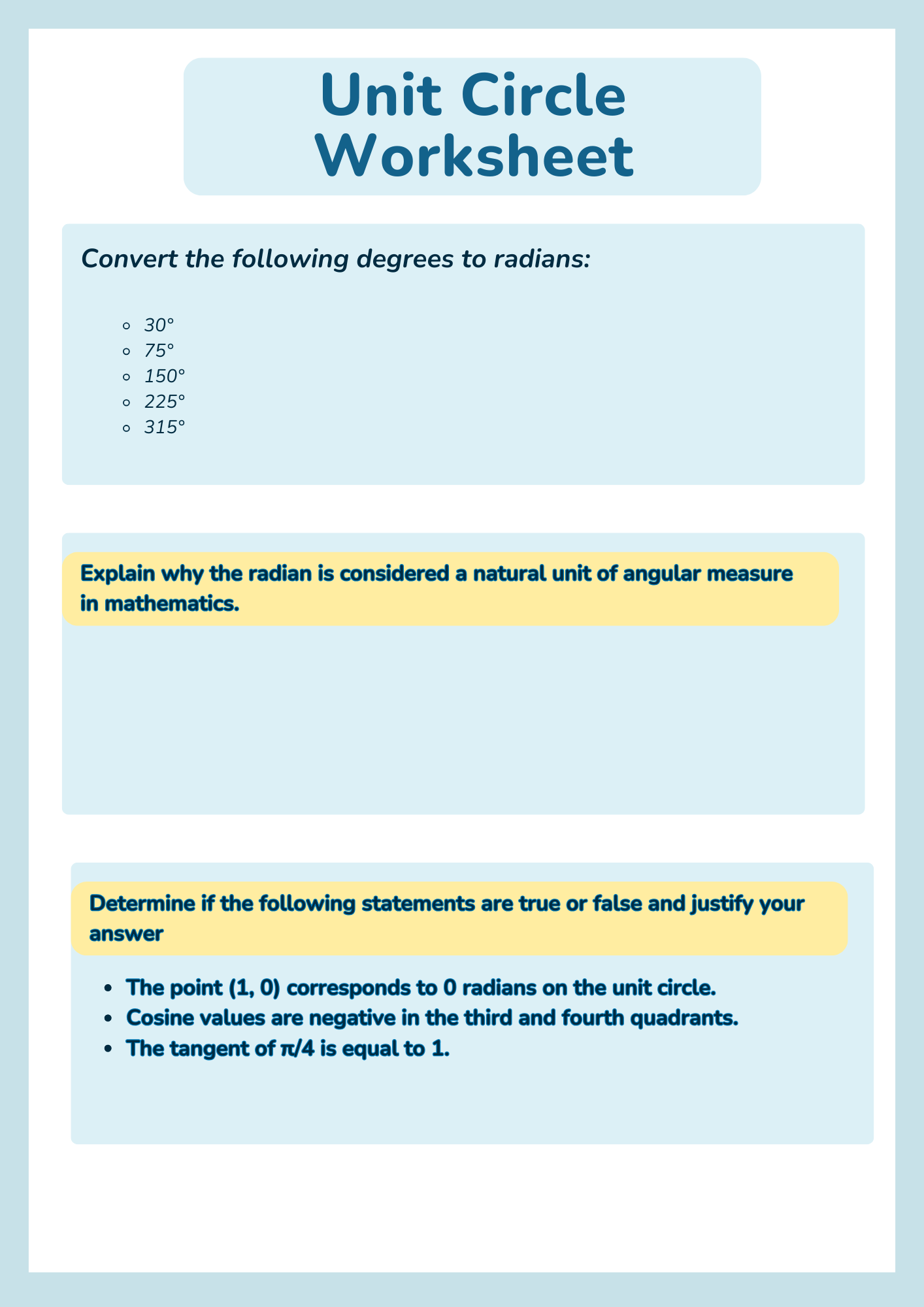 Radians Unit Circle Worksheet