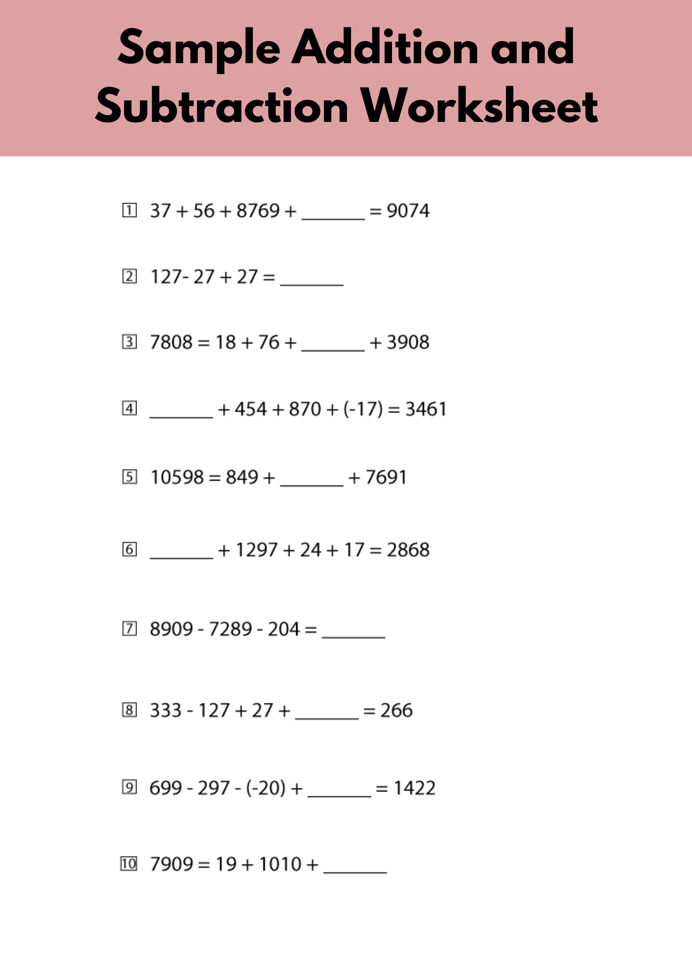 Sample Addition and Subtraction Worksheet