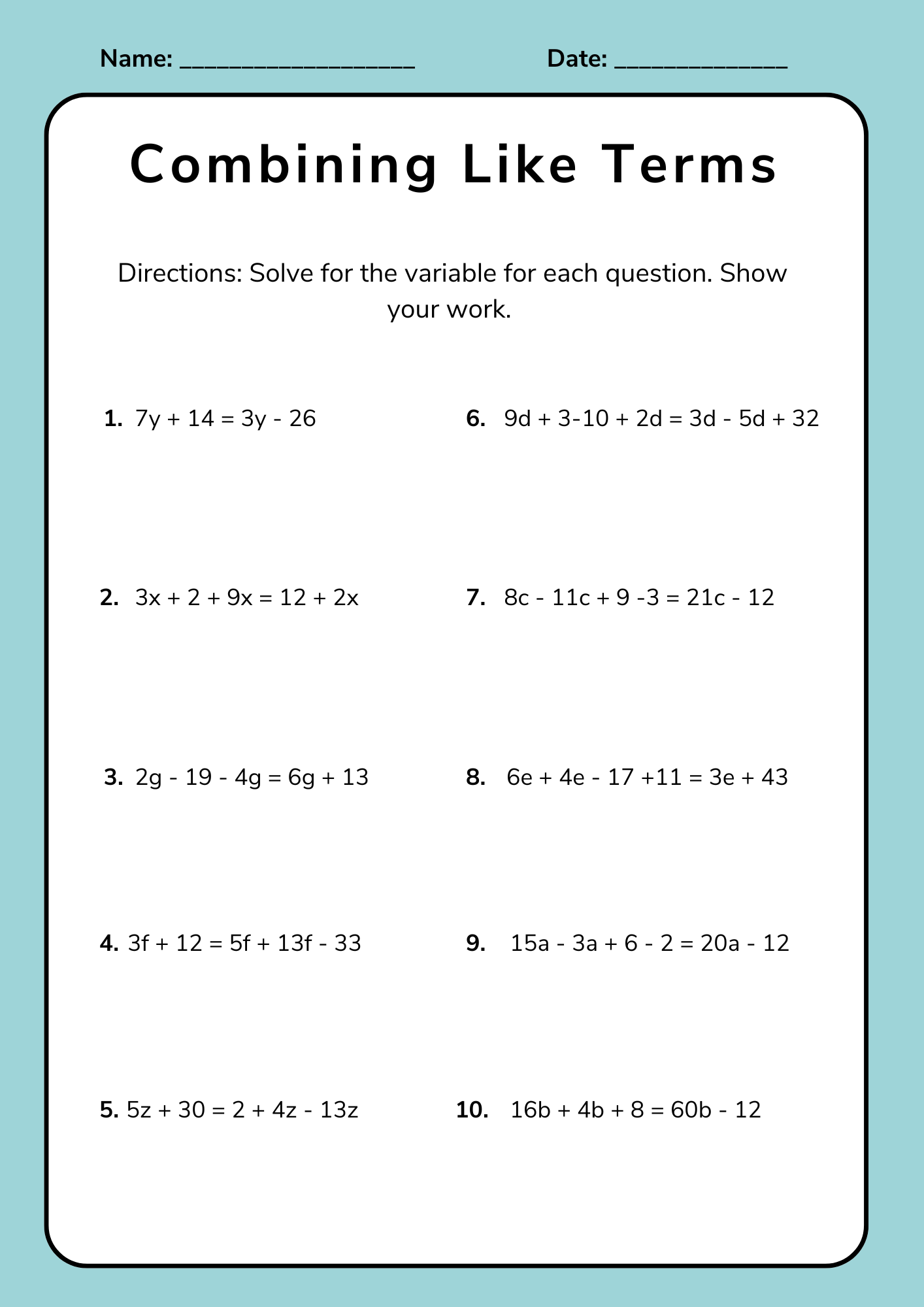 Sample Combining Like Terms Worksheet