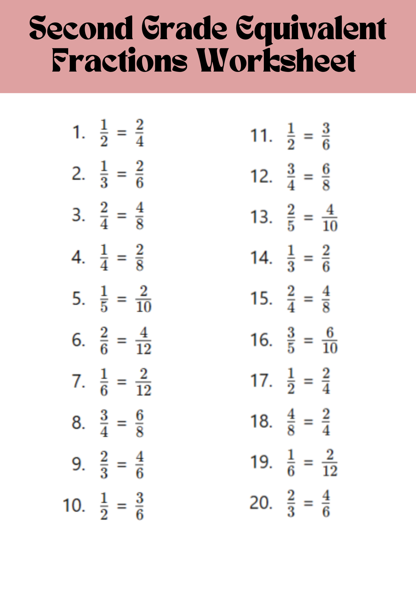 Second Grade Equivalent Fractions Worksheet