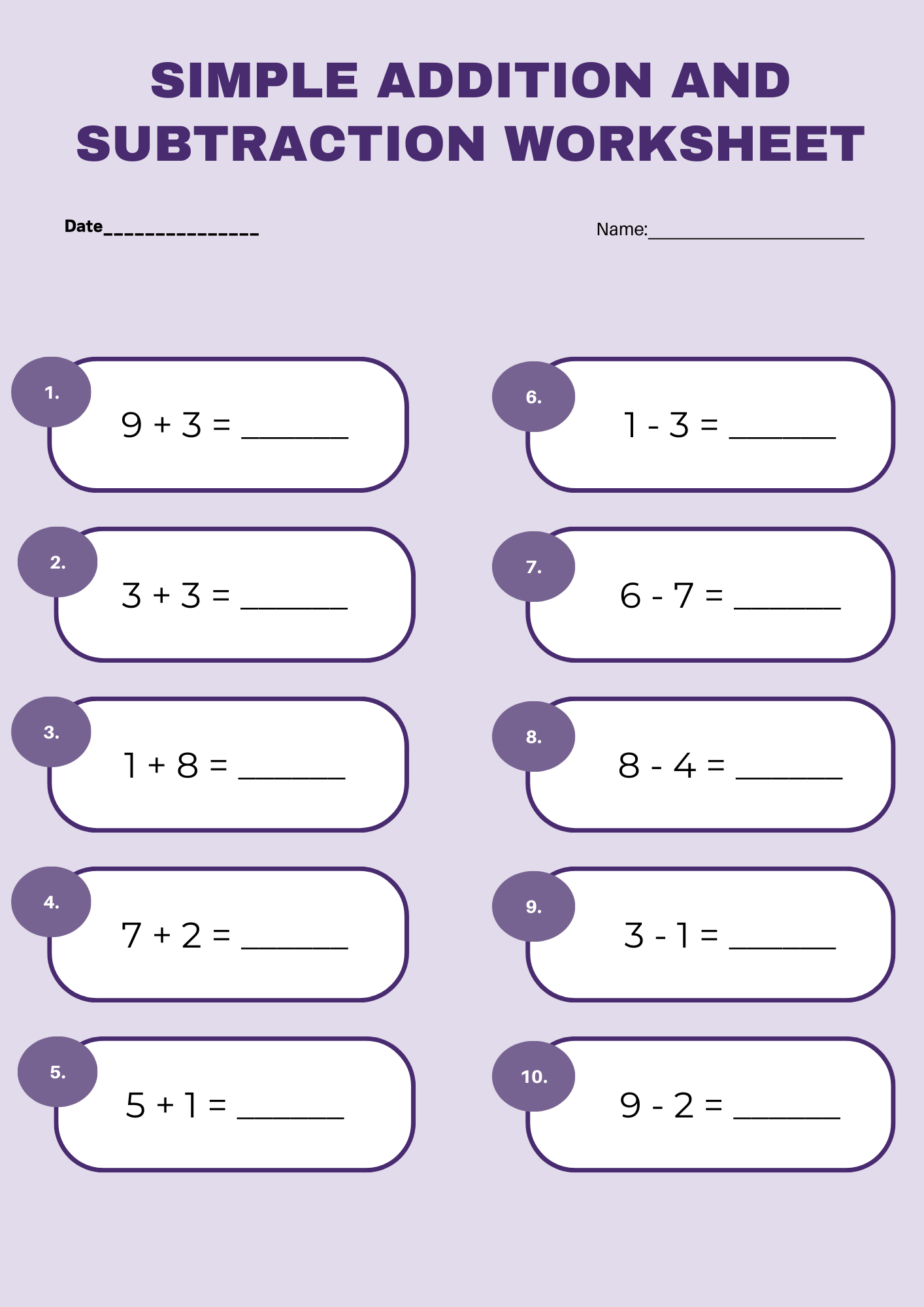 Simple Addition and Subtraction Worksheet 1