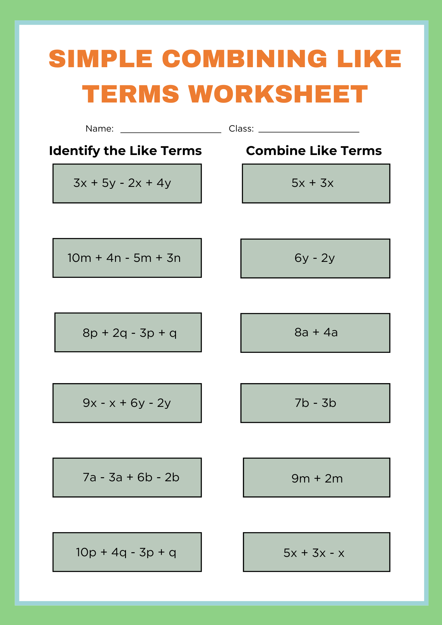 Simple Combining Like Terms Worksheet