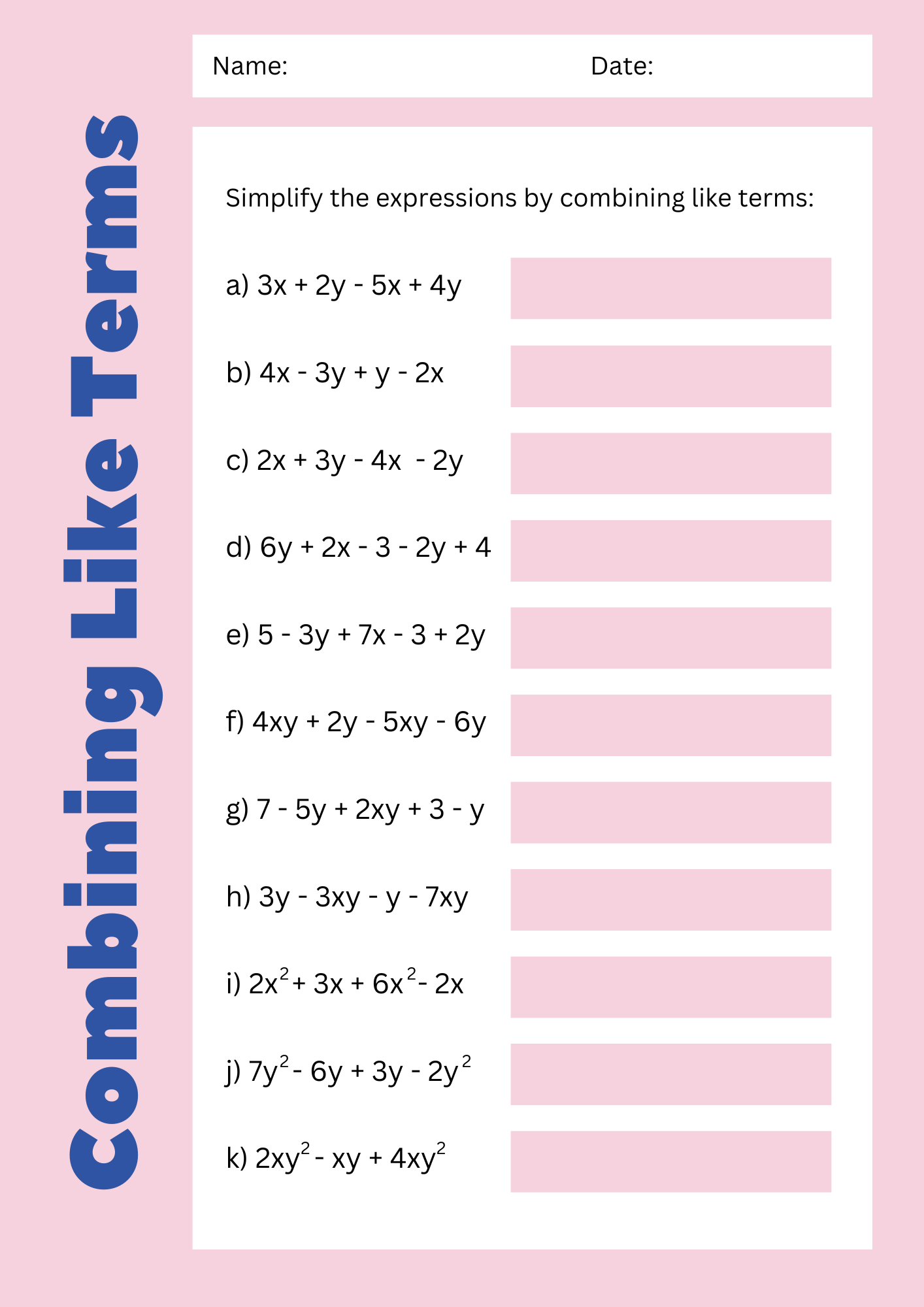 Simplifying Combining Like Terms Expressions Worksheet