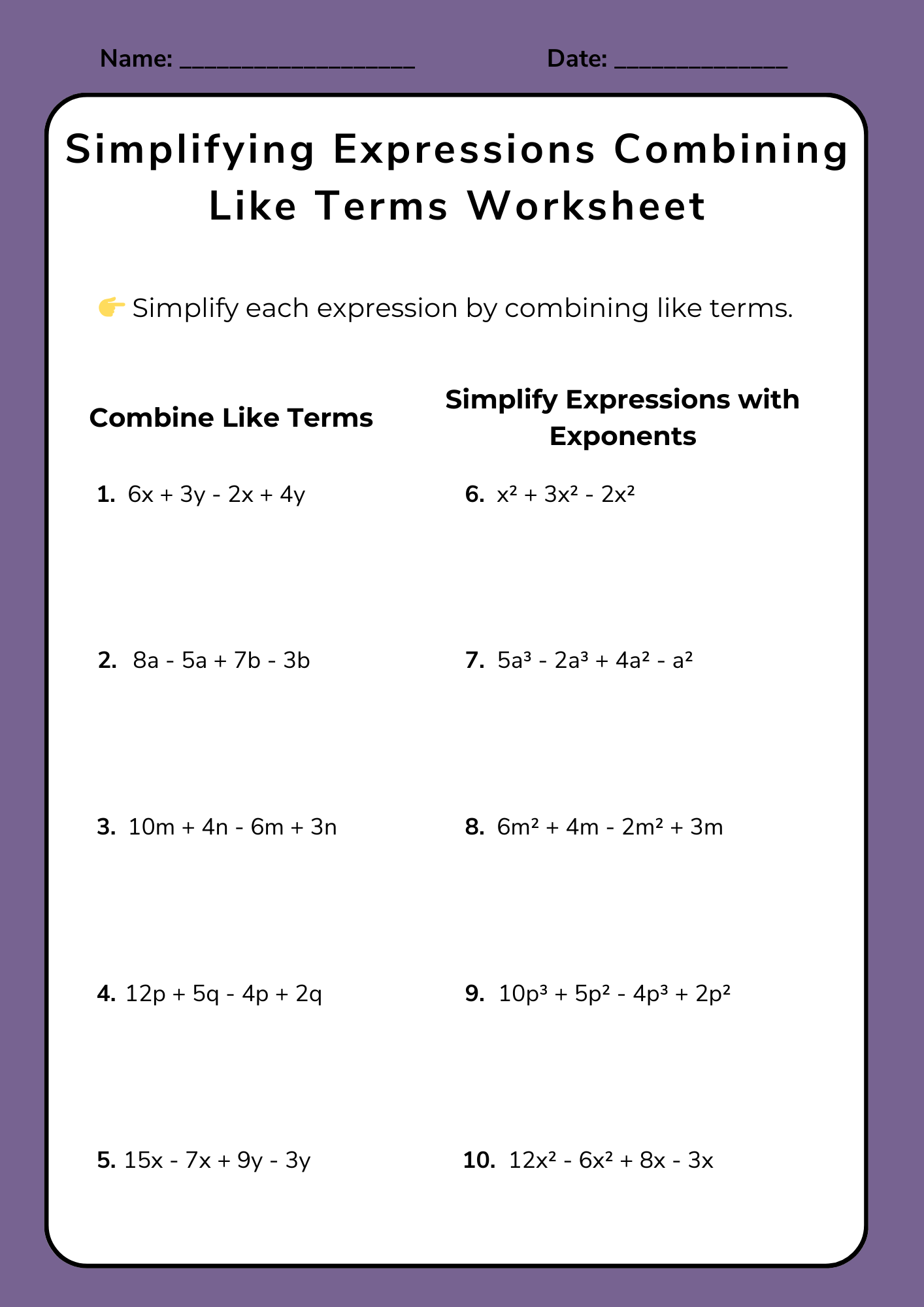 Simplifying Expressions Combining Like Terms Worksheet