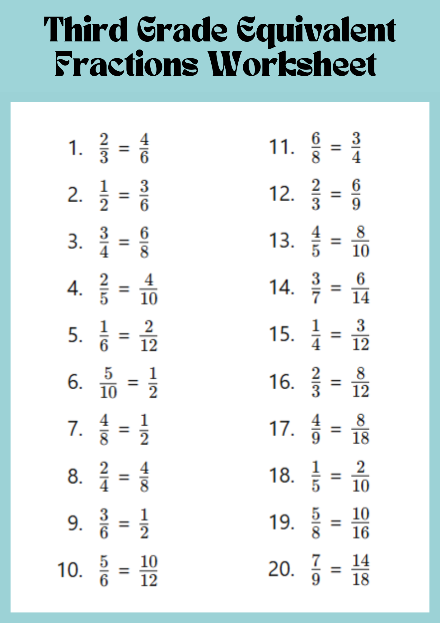 Third Grade Equivalent Fractions Worksheet