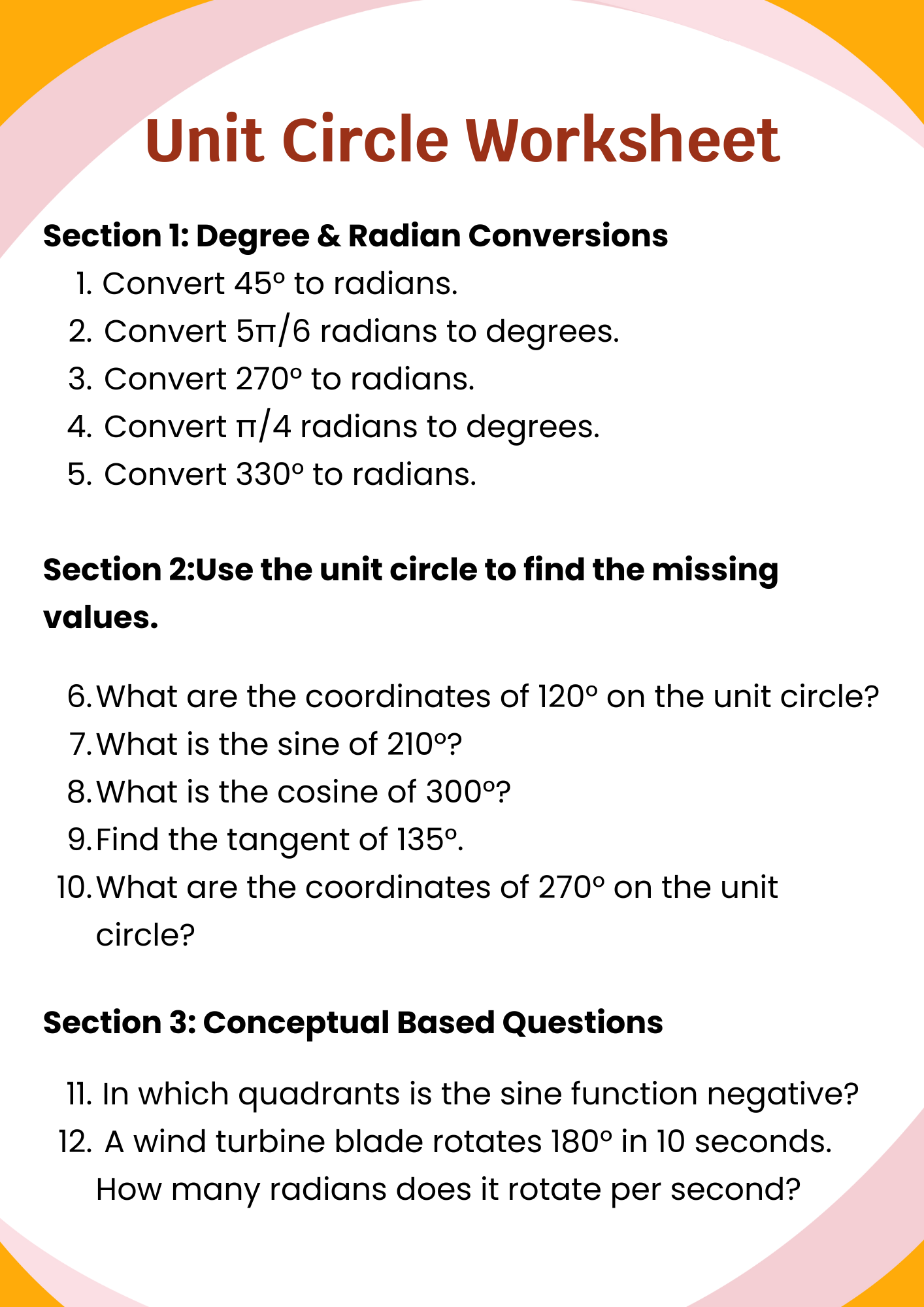 Trig Unit Circle Worksheet