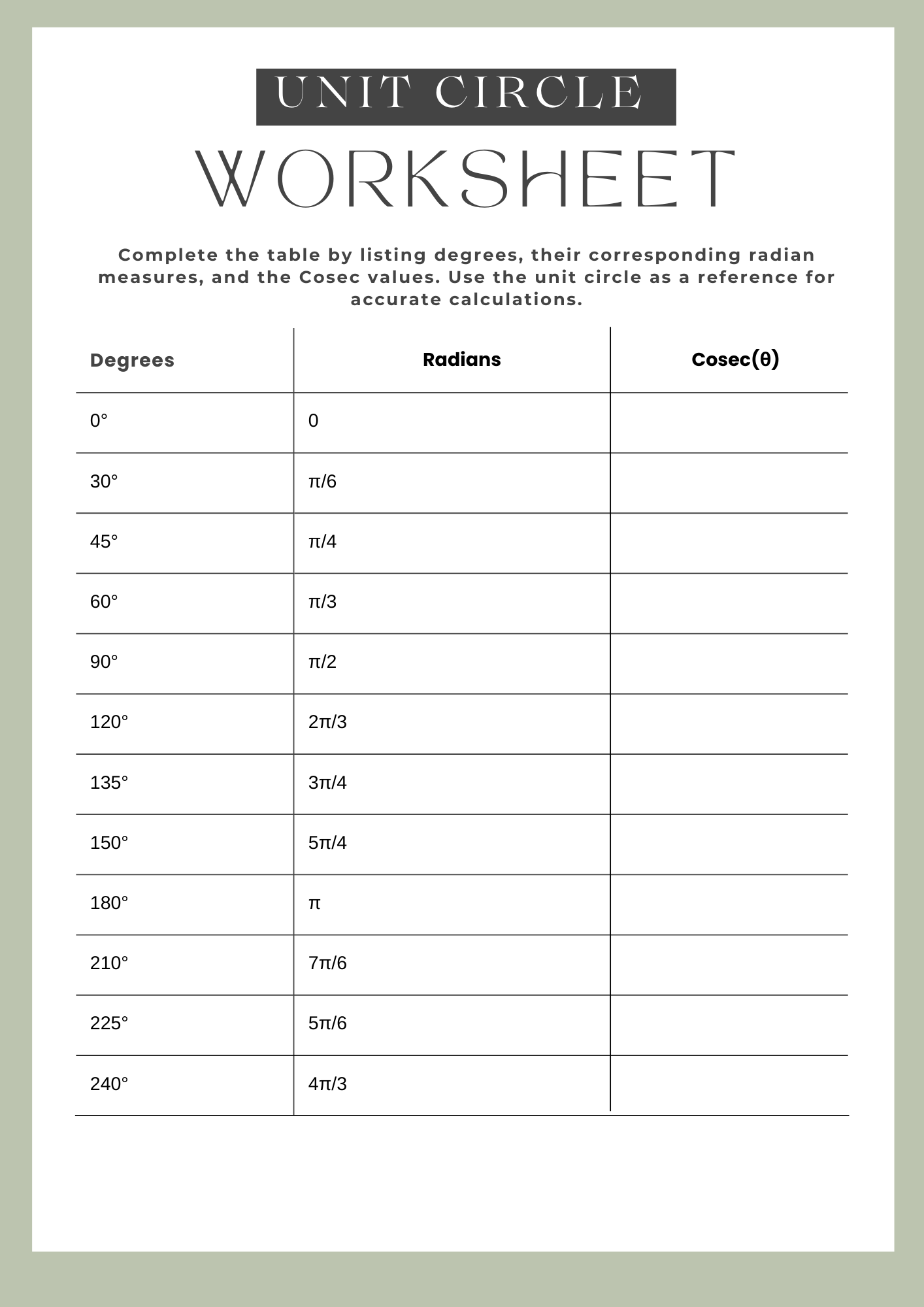 Trigonometry Unit Circle Worksheet