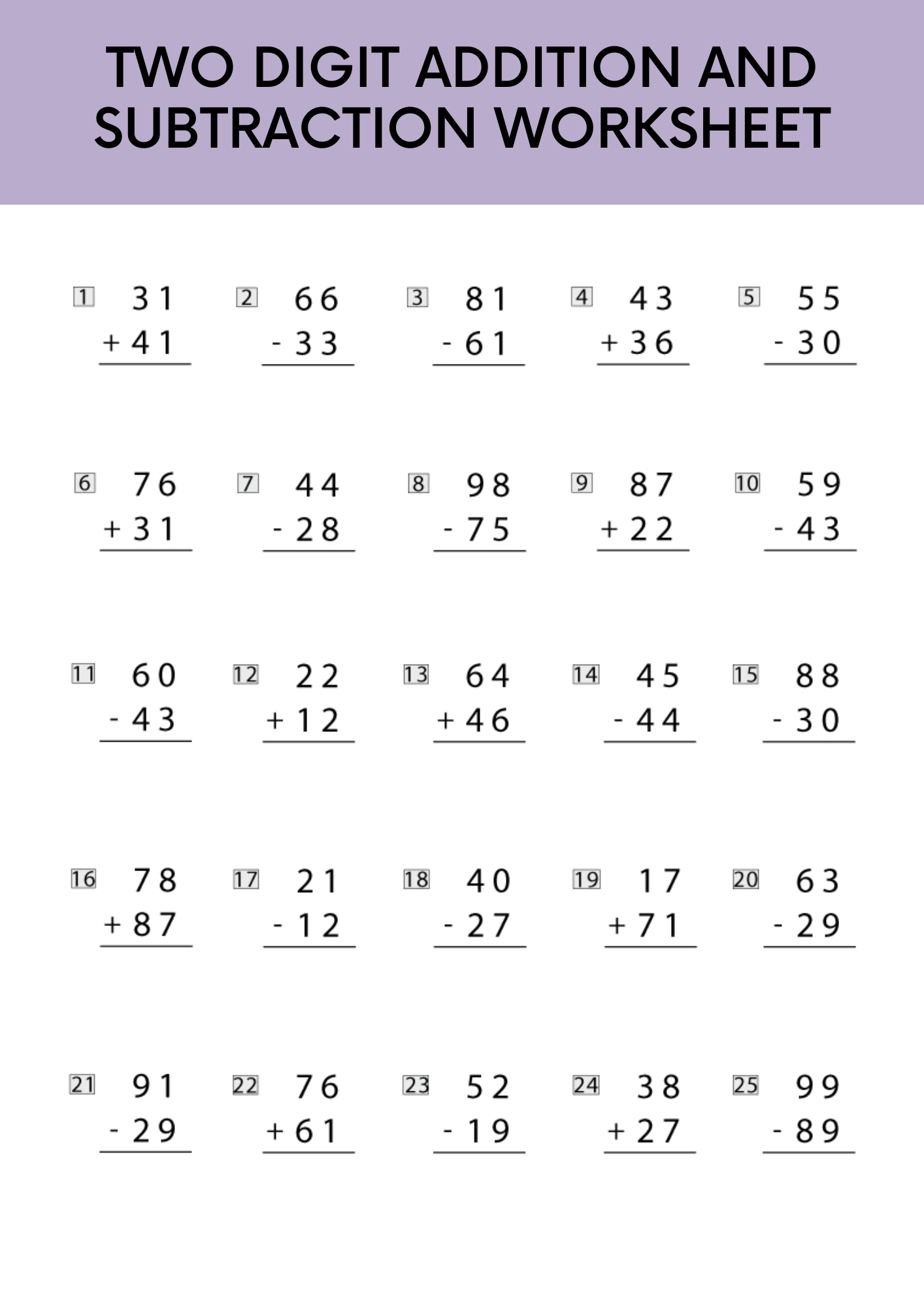 Two Digit Addition and Subtraction Worksheet