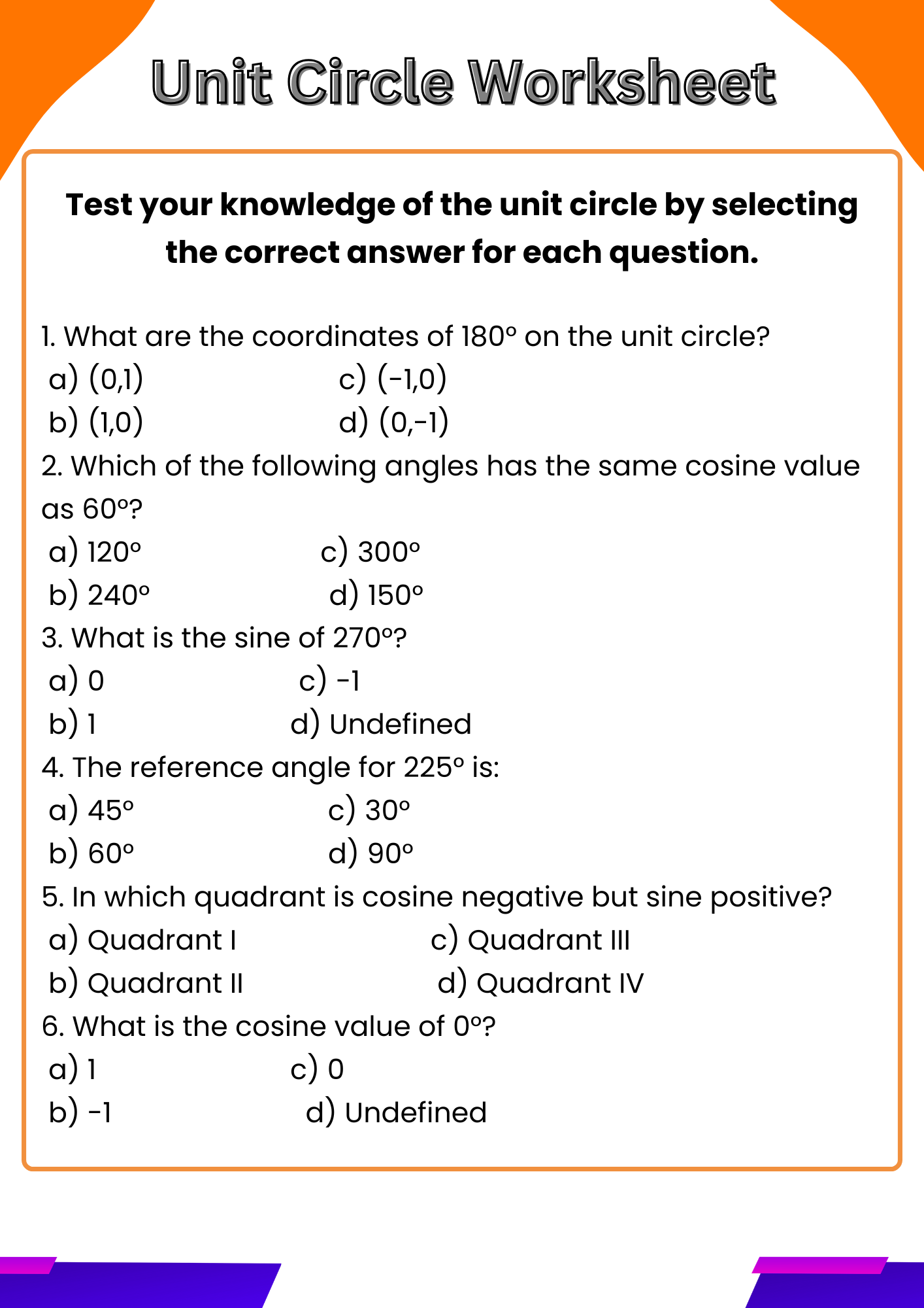 Unit Circle Practice Worksheet