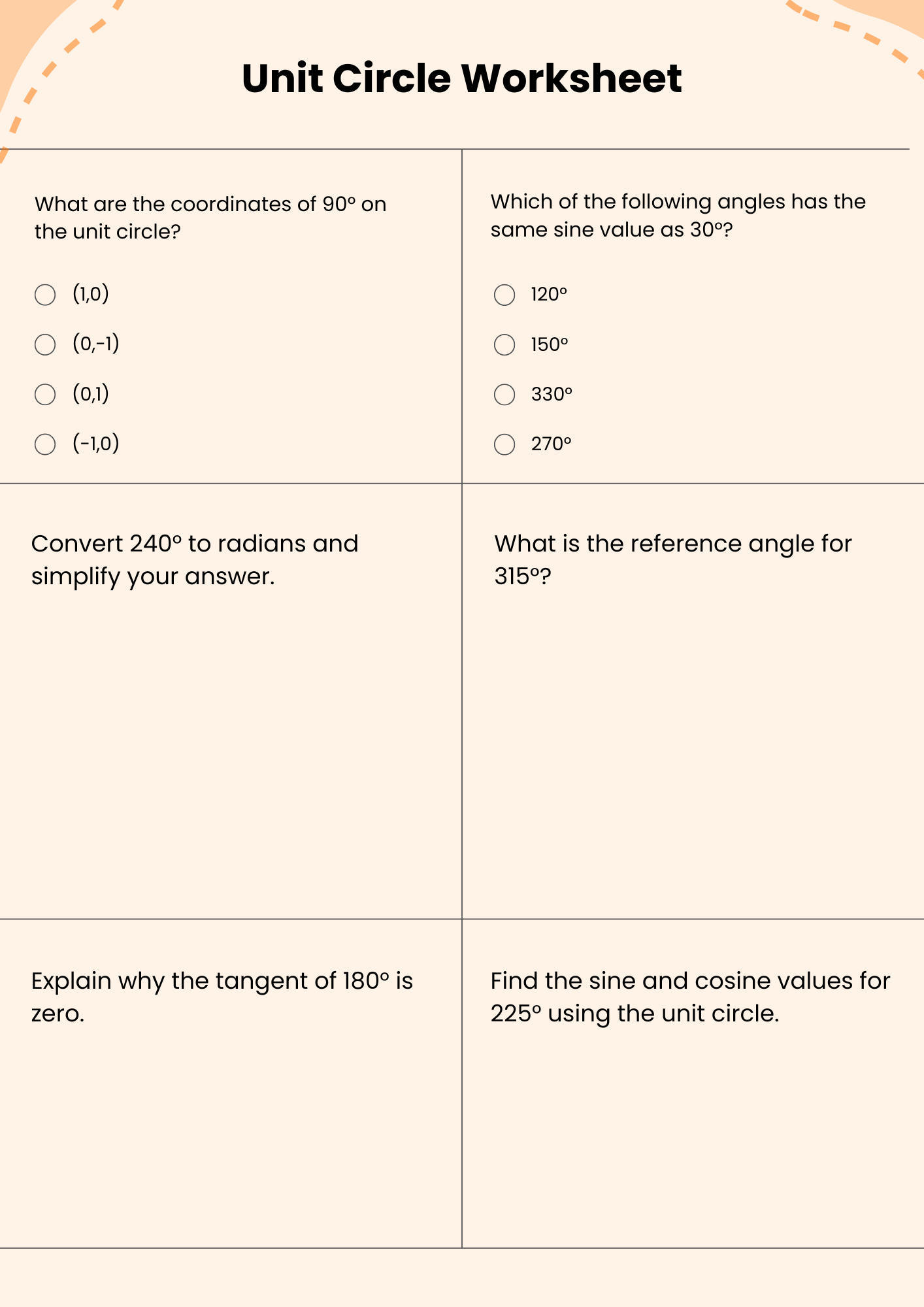 Unit Circle Worksheet 7