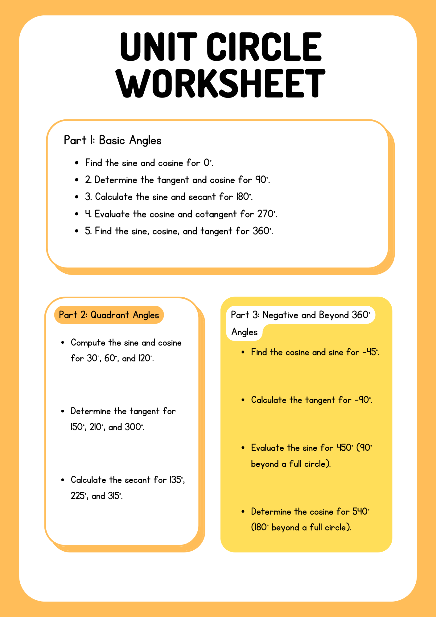 Unit Circle Worksheet Degree