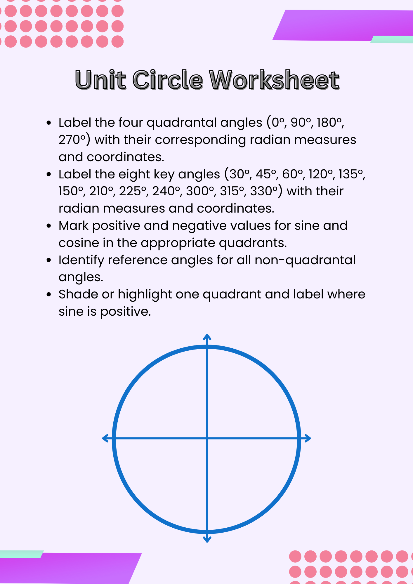 Unit Circle Worksheet Quadrant