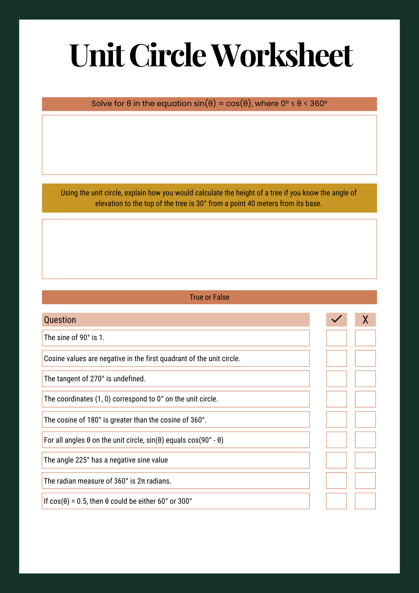 Unit Circle Worksheet True