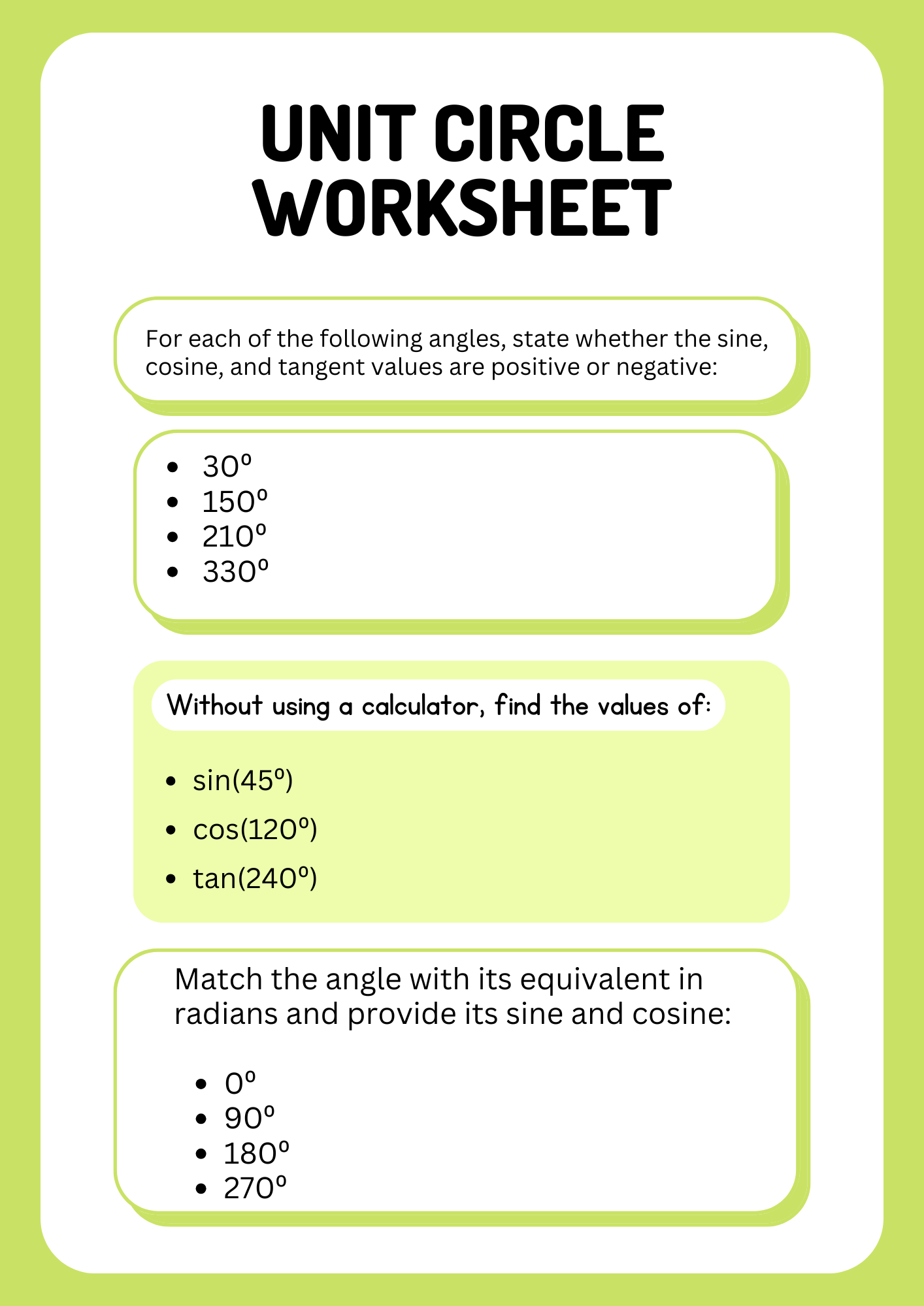 Unit Circle Worksheet for Practice