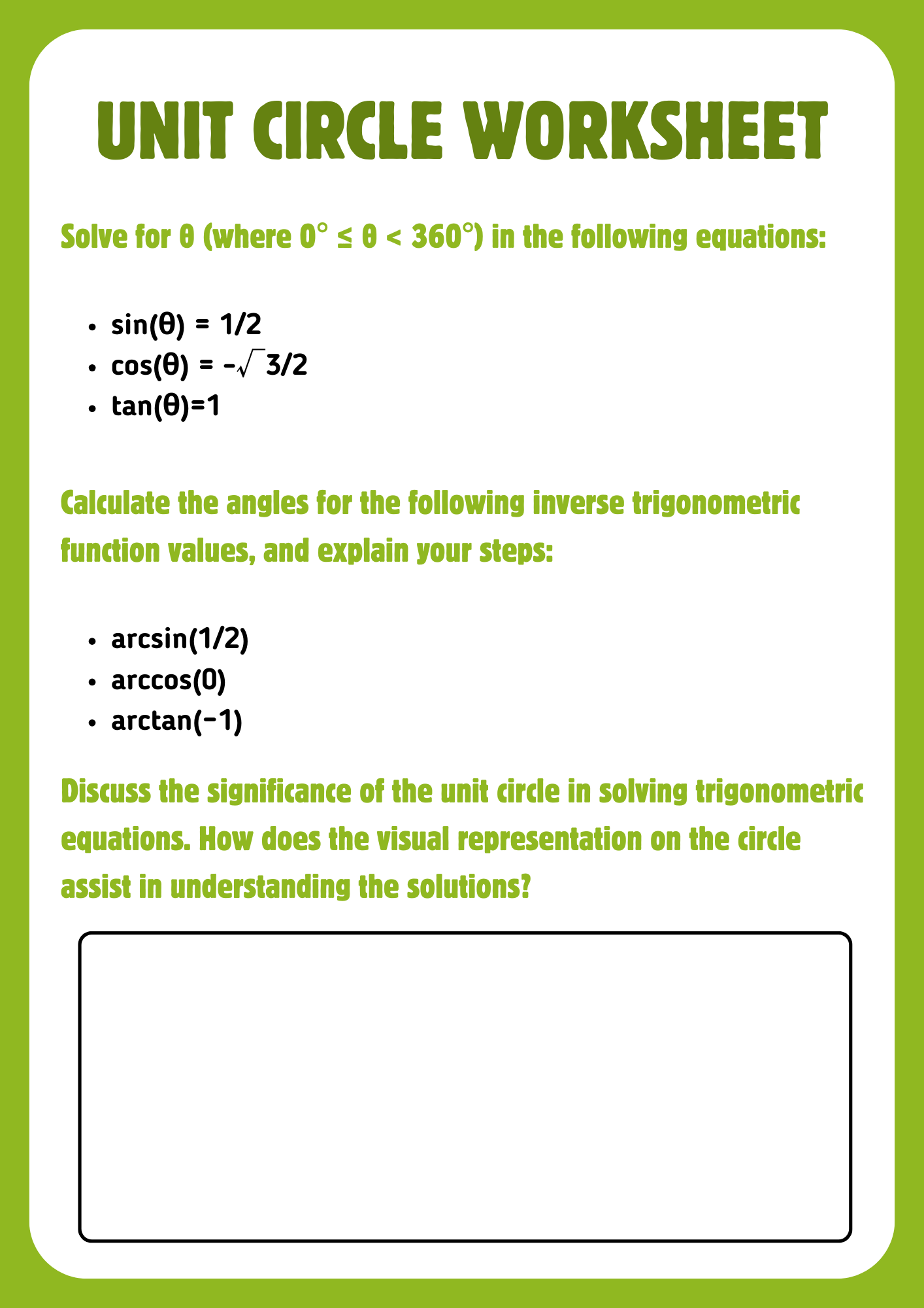 Unit Circle Worksheet for precalculus