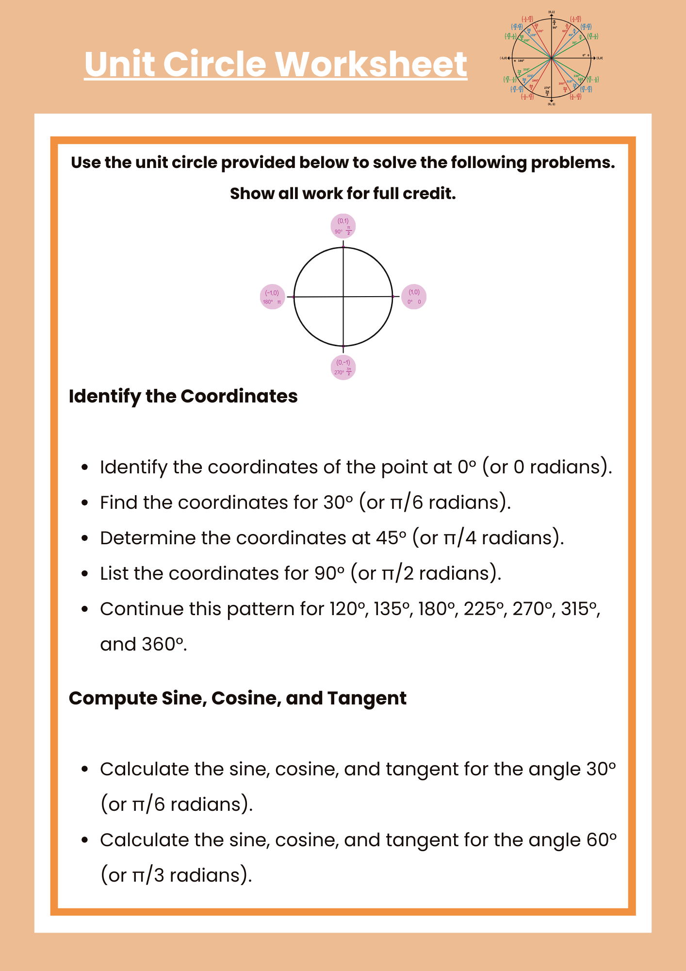 Unit Circle Worksheet