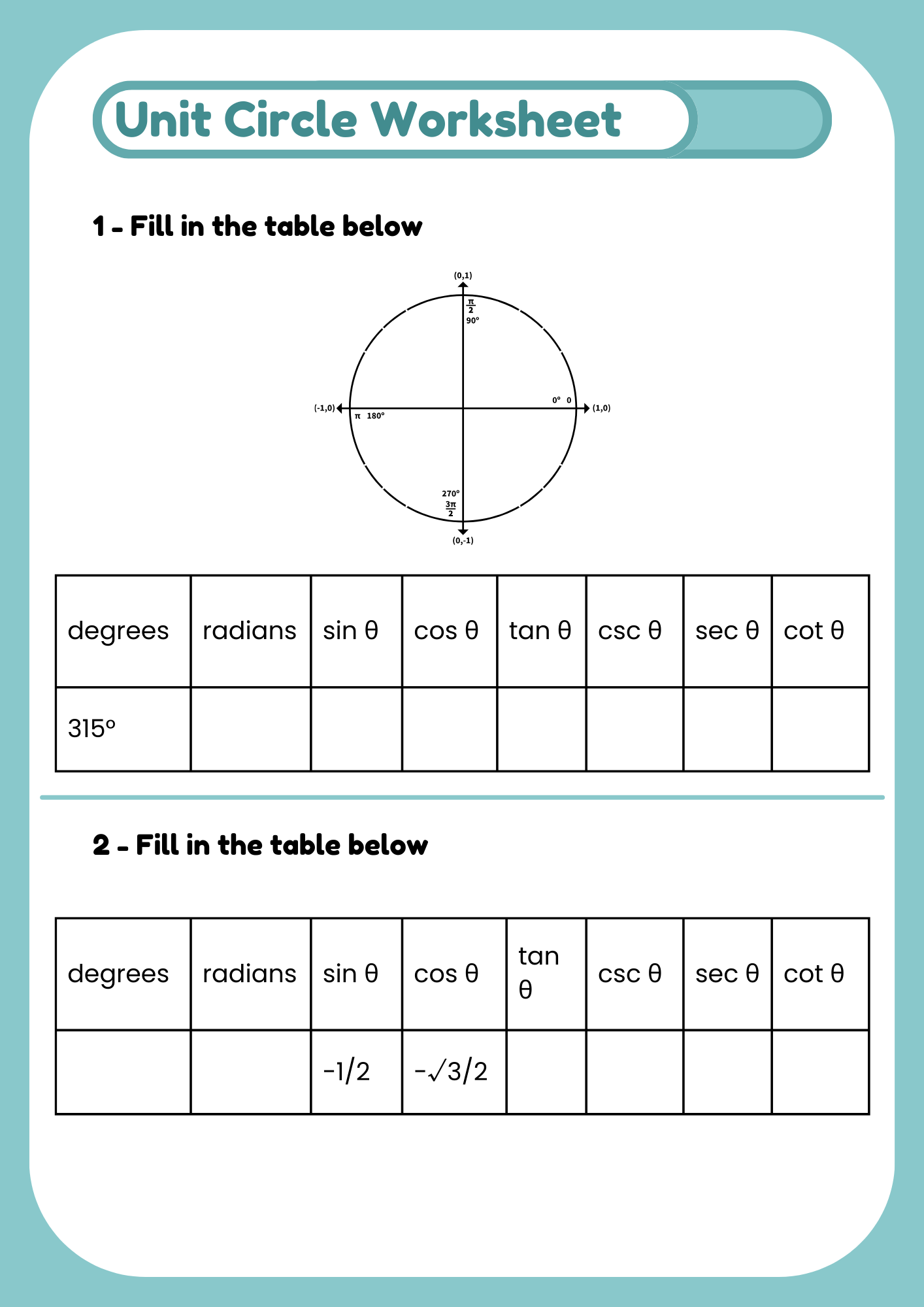 Unit Circle Worksheets