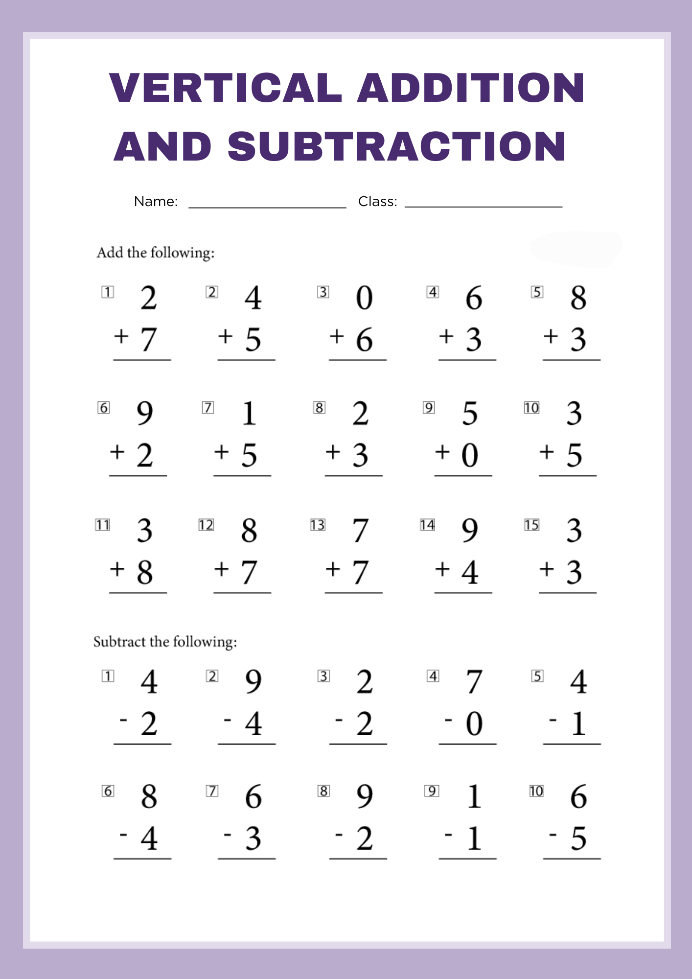 Vertical Addition and Subtraction Worksheet