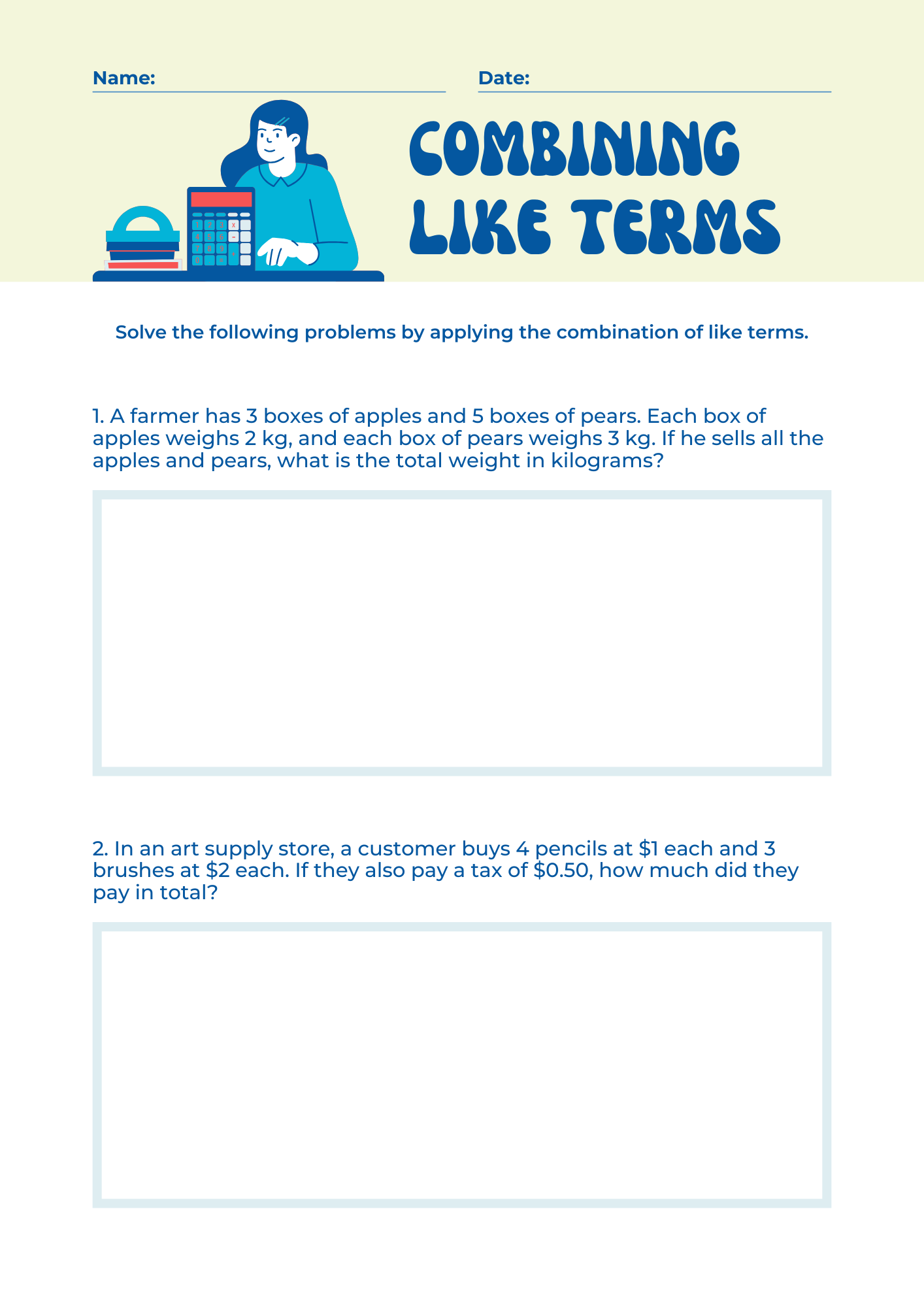 Word Combining Like Terms Worksheet